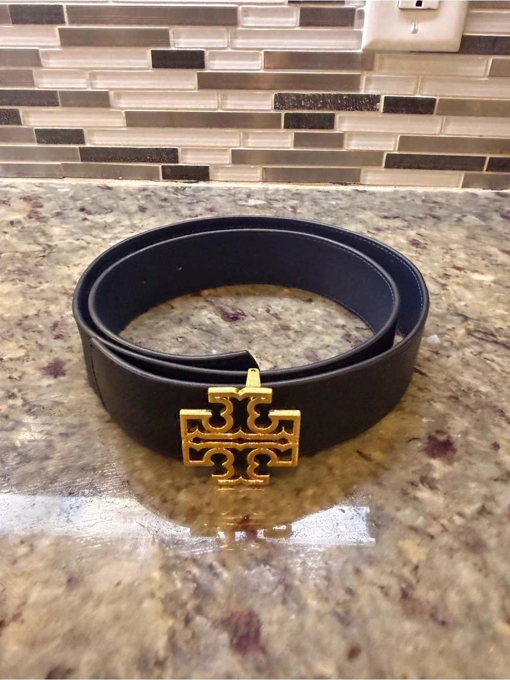 Tory Burch Britton Black/Navy Reversible Belt, Gold Hardware
